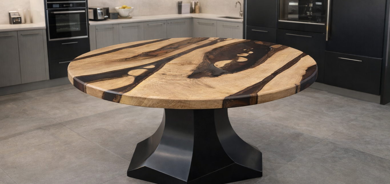 Strata walnut round live edge resin table by INSIGNI 