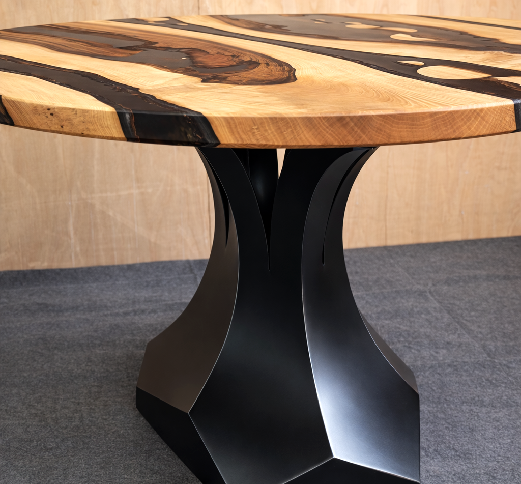 Strata walnut round live edge resin table by INSIGNI 