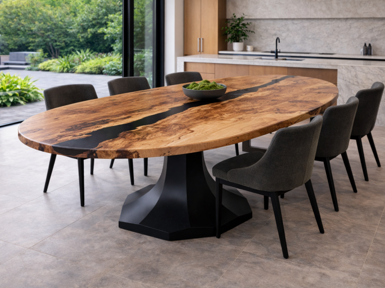Chestnut Chestnut live edge oval resin dining table by INSIGNI
